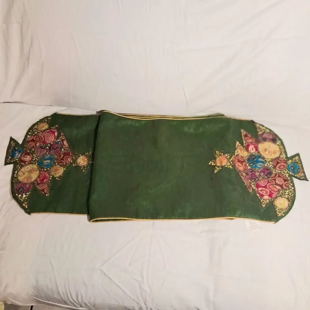 Pier 1 Imports Green Christmas Tree Embellished Table Runner